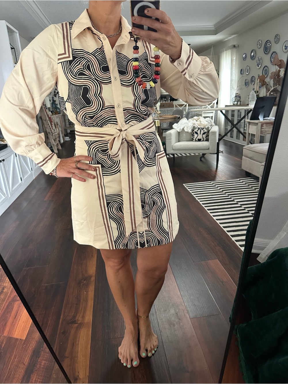 New Without Tags CIEBON Cream Border Print Set - Shirt w Waist Tie & Skirt